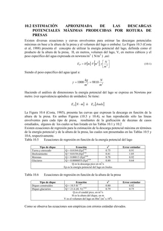 10.2 ESTIMACIÓN APROXIMADA DE LAS DESCARGAS
POTENCIALES MÁXIMAS PRODUCIDAS POR ROTURA DE
PRESAS
Existen diversas ecuaciones y curvas envolventes para estimar las descargas potenciales
máximas en base a la altura de la presa y al volumen del lago o embalse. La Figura 10.3 (Costa
et al, 1988) presenta el concepto de utilizar la energía potencial del lago, definida como el
producto de la altura de la presa, H, en metros, volumen del lago, V, en metros cúbicos y el
peso específico del agua expresada en newtons/m3
( N/m3
)
[ ] [ ] 





⋅⋅= 3
3
P
m
N
mVmHE γ
,así:
(10-1)
Siendo el peso específico del agua igual a:
33
98101000
m
N
m
kg
==γ
Haciendo el análisis de dimensiones la energía potencial del lago se expresa en Newtons por
metro. (ver equivalencia apéndice de unidades). Se tiene:
[ ] [ ]ó JouleEmNE PP ⋅
La Figura 10.4 (Costa, 1985), presenta las curvas que expresan la descarga en función de la
altura de la presa. En ambas Figuras (10.3 y 10.4), se han reproducido sólo las líneas
envolventes para cada tipo de presa, resultantes de la graficación de decenas de casos
estudiados, algunos de los cuales se han listado en las Tablas 10.1 y 10.2
Existen ecuaciones de regresión para la estimación de la descarga potencial máxima en términos
de la energía potencial y de la altura de la presa, las cuales son presentadas en las Tablas 10.5 y
10.6, respectivamente.
Tabla 10.5 Ecuaciones de regresión en función de la energía potencial del lago
Tipo de dique Ecuación r Error estándar2
Tierra y enrocado Q = 0.0184 (Ep) 0.750.42
0.91
Deslizamiento Q = 0.0158 (Ep) 0.810.41
1.85
Morenas Q = 0.00013 (Ep) 0.780.60
0.92
Glaciares Q = 0.0000055 (Ep) 0.800.59
0.64
Q es la descarga pico en m3
Ep es la energía potencial del lago en Joules
/s
Tabla 10.6 Ecuaciones de regresión en función de la altura de la presa
Tipo de dique Ecuación r Error estándar2
Diques construidos Q = 10.5 H 0.801.87
0.82
Diques glaciarios Q = 21.6 (H. V) 0.790.61
0.75
Q es el caudal pico, en m3
H es la altura del dique, en m
/s
V es el volumen del lago en Hm3
(m3
x 106
)
Como se observa las ecuaciones son empíricas con errores estándar elevados.
 
