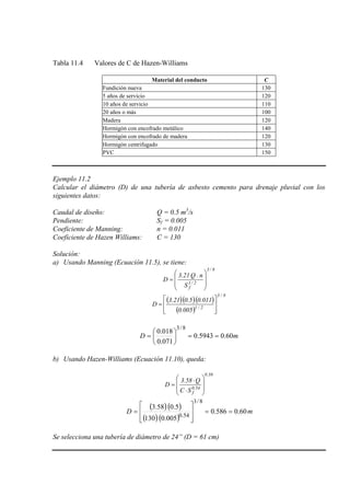 Tabla 11.4 Valores de C de Hazen-Williams
Material del conducto C
Fundición nueva 130
5 años de servicio 120
10 años de servicio 110
20 años o más 100
Madera 120
Hormigón con encofrado metálico 140
Hormigón con encofrado de madera 120
Hormigón centrifugado 130
PVC 150
Ejemplo 11.2
Calcular el diámetro (D) de una tubería de asbesto cemento para drenaje pluvial con los
siguientes datos:
Caudal de diseño: Q = 0.5 m3
Pendiente: S
/s
f
Coeficiente de Manning: n = 0.011
= 0.005
Coeficiente de Hazen Williams: C = 130
Solución:
a) Usando Manning (Ecuación 11.5), se tiene:
8/3
2/1
fS
n.Q21.3
D








=
( )( )( )
( )
8/3
2/1
005.0
011.05.021.3
D








=
mD 60.05943.0
071.0
018.0
8/3
==





=
b) Usando Hazen-Williams (Ecuación 11.10), queda:
38.0
54.0
fSC
Q58.3
D








⋅
⋅
=
( )( )
( )( )
60.0586.0
005.0130
5.058.3
8/3
54.0
==








=D m
Se selecciona una tubería de diámetro de 24” (D = 61 cm)
 