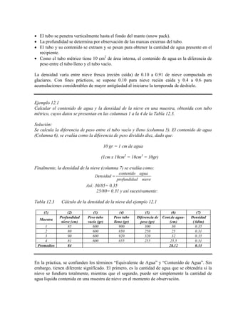 • El tubo se penetra verticalmente hasta el fondo del manto (snow pack).
• La profundidad se determina por observación de las marcas externas del tubo.
• El tubo y su contenido se extraen y se pesan para obtener la cantidad de agua presente en el
recipiente.
• Como el tubo métrico tiene 10 cm2
de área interna, el contenido de agua es la diferencia de
peso entre el tubo lleno y el tubo vacío.
La densidad varía entre nieve fresca (recién caída) de 0.10 a 0.91 de nieve compactada en
glaciares. Con fines prácticos, se supone 0.10 para nieve recién caída y 0.4 a 0.6 para
acumulaciones considerables de mayor antigüedad al iniciarse la temporada de deshielo.
Ejemplo 12.1
Calcular el contenido de agua y la densidad de la nieve en una muestra, obtenida con tubo
métrico, cuyos datos se presentan en las columnas 1 a la 4 de la Tabla 12.3.
Solución:
Se calcula la diferencia de peso entre el tubo vacío y lleno (columna 5). El contenido de agua
(Columna 6), se evalúa como la diferencia de peso dividido diez, dado que:
10 gr = 1 cm de agua
(1cm x 10cm2
= 10cm3
= 10gr)
Finalmente, la densidad de la nieve (columna 7) se evalúa como:
nievedprofundida
aguacontenido
Densidad =
Así: 30/85= 0.35
25/80= 0.31 y así sucesivamente:
Tabla 12.3 Cálculo de la densidad de la nieve del ejemplo 12.1
(1) (2) (3) (4) (5) (6) (7)
Muestra
Profundidad
nieve (cm)
Peso tubo
vacío (gr)
Peso tubo
lleno (gr)
Diferencia de
peso (gr)
Cont.de agua-
(cm)
Densidad
(Adim)
1 85 600 900 300 30 0.35
2 80 600 850 250 25 0.31
3 90 600 920 320 32 0.35
4 81 600 855 255 25,5 0.31
Promedios 84 28.12 0.33
En la práctica, se confunden los términos “Equivalente de Agua” y “Contenido de Agua”. Sin
embargo, tienen diferente significado. El primero, es la cantidad de agua que se obtendría si la
nieve se fundiera totalmente, mientras que el segundo, puede ser simplemente la cantidad de
agua líquida contenida en una muestra de nieve en el momento de observación.
 