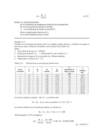 52.155
AM
Q i
i
⋅
= (12.15
Donde: i es un día determinado.
Di es la diferencia de temperatura media del día en grados/día.
Mi
ifC
es la escorrentía por fusión en mm/día.
es el coeficiente de fusión en mm/día/ºC.
Qi es el caudal medio diario en m3
/s.
A es el área cubierta de nieve en km2
• Área cubierta de nieve,A = 850 km
.
Ejemplo 12.3
Calcular la escorrentía por fusión nival, los caudales medios diarios y el balance de agua en
una cuenca, para 10 días de noviembre, con los datos de la Tabla 12.8.
Datos:
• Coeficiente de fusión C
2
fi = 2.00 mm/día/ºC ( de la tabla 12.7 )
• Equivalente de agua al 1 de noviembre de: 200 mm (medido)
• Temperatura de base (Tb
Tabla 12.8 Cálculo de la escorrentía por fusión nival.
) = 2ºC
Fecha
Noviembre
T Da
ºC
Mi
ºC
Qi
mm/día
i
m3
E
/s
Vqi
Remanente de
Equiv. de agua
mm
i
Volumen
Hm3
1 3.0 1 2.00 10.92 200 170.0
2 3.5 1.5 3.00 16.38 198 168.3
3 4.0 2.0 4.00 21.84 195 165.75
4 5.0 3.0 6.00 32.76 191 162.35
5 5.5 3.5 7.00 38.22 185 157.25
6 5.0 3.0 6.00 32.76 178 151.30
7 4.5 2.5 5.00 27.30 172 146.20
8 4.0 2.0 4.00 21.84 167 141.95
9 3.5 1.5 3.00 16.38 163 138.55
10 3.5 1.5 3.00 16.38 160 136.00
La tercera columna, el grado – día, Di
10.20.3:1 =−−= esnoviembreparaasíTTD bai
, se calcula como:
La cuarta columna, la escorrentía por fusión, se calcula así:
00.21.22 ==⋅=⋅= iifi DDCM
De la ecuación 12.15, el caudal es:
smQi
3
92.10=
( ) ( )00.246.546.5
52.155
850
52.155
⋅=⋅=
⋅
== i
ii
i M
MAM
Q
 
