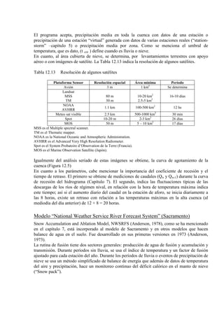 El programa acepta, precipitación media en toda la cuenca con datos de una estación o
precipitación de una estación “virtual” generada con datos de varias estaciones reales (“station-
storm” –capítulo 5) o precipitación media por zona. Como se menciona el umbral de
temperatura, que es dato, (t crit
En cuanto, al área cubierta de nieve, se determina, por levantamientos terrestres con apoyo
aéreo o con imágenes de satélite. La Tabla 12.13 indica la resolución de algunos satélites.
) define cuando es lluvia o nieve.
Tabla 12.13 Resolución de algunos satélites
Plataforma Sensor Resolución espacial Área mínima Período
Avión 3 m 1 km Se determina2
Landsat
MSS
TM
80 m
30 m
10-20 km
2.5-5 km
2
16-10 días
2
NOAA
AVHRR
1.1 km 100-500 km 12 hs2
Meteo sat visible 2.5 km 500-1000 km 30 min2
Spot 10-20 m 2-3 km 26 días2
MOS 50 m 5 – 10 km 17 días2
MSS es el Multiple spectral scanner.
TM es el Thematic mapper.
NOAA es la National Oceanic and Atmospheric Administration.
AVHRR es el Advanced Very High Resolution Radiometer.
Spot es el System Probatoire d’Observation de la Terre (Francia).
MOS es el Marine Observation Satellite (Japón).
Igualmente del análisis seriado de estas imágenes se obtiene, la curva de agotamiento de la
cuenca (Figura 12.5)
En cuanto a los parámetros, cabe mencionar la importancia del coeficiente de recesión y el
tiempo de retraso. El primero se obtiene de mediciones de caudales (Qn y Qn-1) durante la curva
de recesión del hidrograma (Capítulo 7). El segundo, indica las fluctuaciones típicas de las
descargas de los ríos de régimen nival, en relación con la hora de temperatura máxima indica
este tiempo; así si el aumento diario del caudal en la estación de aforo, se inicia diariamente a
las 8 horas, existe un retraso con relación a las temperaturas máximas en la alta cuenca (al
mediodía del día anterior) de 12 + 8 = 20 horas.
Modelo “National Weather Service River Forecast System” (Sacramento)
Snow Accumulation and Ablation Model, NWSRFS (Anderson, 1978), como se ha mencionado
en el capítulo 7, está incorporado al modelo de Sacramento y en otros modelos que hacen
balance de agua en el suelo. Fue desarrollado en sus primeras versiones en 1973 (Anderson,
1973).
La rutina de fusión tiene dos sectores generales: producción de agua de fusión y acumulación y
transmisión. Durante períodos sin lluvia, se usa el índice de temperatura y un factor de fusión
ajustado para cada estación del año. Durante los períodos de lluvia o eventos de precipitación de
nieve se usa un método simplificado de balance de energía que además de datos de temperatura
del aire y precipitación, hace un monitoreo continuo del déficit calórico en el manto de nieve
(“Snow pack”).
 