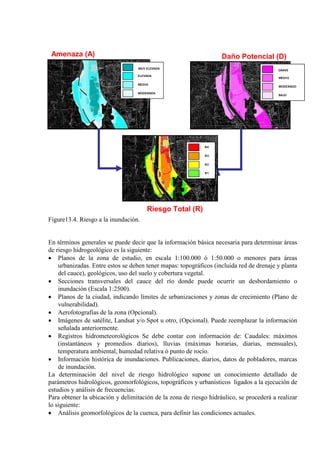 Figure13.4. Riesgo a la inundación.
En términos generales se puede decir que la información básica necesaria para determinar áreas
de riesgo hidrogeológico es la siguiente:
• Planos de la zona de estudio, en escala 1:100.000 ó 1:50.000 o menores para áreas
urbanizadas. Entre estos se deben tener mapas: topográficos (incluida red de drenaje y planta
del cauce), geológicos, uso del suelo y cobertura vegetal.
• Secciones transversales del cauce del río donde puede ocurrir un desbordamiento o
inundación (Escala 1:2500).
• Planos de la ciudad, indicando límites de urbanizaciones y zonas de crecimiento (Plano de
vulnerabilidad).
• Aerofotografías de la zona (Opcional).
• Imágenes de satélite, Landsat y/o Spot u otro, (Opcional). Puede reemplazar la información
señalada anteriormente.
• Registros hidrometeorológicos Se debe contar con información de: Caudales: máximos
(instantáneos y promedios diarios), lluvias (máximas horarias, diarias, mensuales),
temperatura ambiental, humedad relativa ó punto de rocío.
• Información histórica de inundaciones. Publicaciones, diarios, datos de pobladores, marcas
de inundación.
La determinación del nivel de riesgo hidrológico supone un conocimiento detallado de
parámetros hidrológicos, geomorfológicos, topográficos y urbanísticos ligados a la ejecución de
estudios y análisis de frecuencias.
Para obtener la ubicación y delimitación de la zona de riesgo hidráulico, se procederá a realizar
lo siguiente:
• Análisis geomorfológicos de la cuenca, para definir las condiciones actuales.
Amenaza (A)
MUY ELEVADA
ELEVADA
MEDIA
MODERADA
GRAVE
MEDIO
MODERADO
BAJO
Daño Potencial (D)
Riesgo Total (R)
R3
R2
R1
R4
 