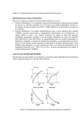 Figura 13.8. Identificación de áreas con futuros desarrollos de la cuenca
Identificación de Zonas Vulnerables
Para esto, se realiza un estudio de reconocimiento, basado a su vez en:
• Estudios Hidrológicos. Si corresponde, determinar la precipitación máxima para un período
de retorno, TR
• Estudios Hidráulicos. Con mapas planialtimétricos base a escala adecuada (por ejemplo
1:20000), secciones transversales y longitudinales determinadas con levantamientos en
campo, definir en base a los criterios expuestos los mapas de áreas (de amenaza,
vulnerables, protegidas), mediante el uso de modelos hidráulicos de curvas de superficie
libre (HEC-RAS ó Geo HEC-RAS). La disponibilidad actual de modelos hidrológicos e
hidráulicos integrados a sistemas de información geográfica es una herramienta de primer
nivel. En zonas planas resulta importante la aplicación de modelos bidimensionales, como
SOBEK, para determinar con más precisión las áreas y el tiempo de permanencia de la
inundación (Fattorelli, et.al , 1999 ). En el CD se presenta una aplicación con modelo el
modelo bidimensional “ SOBEK”
, 100 años (capítulos 4 y 5). En base a los estudios hidrológicos de base y a
los modelos de lluvia/caudal (como HEC-1, HMS, ARHymo), se determina la creciente de
los 100 años.
13.6 EVALUACIÓN DE DAÑOS.
Resulta claro que para realizar esta evaluación, se necesitan mapas elaborados para crecientes de
varios tiempos de retorno: 25, 50, 100, 200 y 500 años.
.
Figura 13.9. Relaciones necesarias para el cálculo de daños por inundación
 