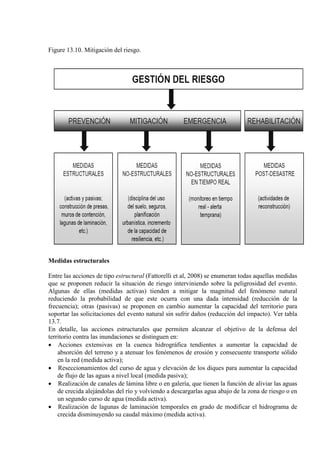 Figure 13.10. Mitigación del riesgo.
Medidas estructurales
Entre las acciones de tipo estructural (Fattorelli et al, 2008) se enumeran todas aquellas medidas
que se proponen reducir la situación de riesgo interviniendo sobre la peligrosidad del evento.
Algunas de ellas (medidas activas) tienden a mitigar la magnitud del fenómeno natural
reduciendo la probabilidad de que este ocurra con una dada intensidad (reducción de la
frecuencia); otras (pasivas) se proponen en cambio aumentar la capacidad del territorio para
soportar las solicitaciones del evento natural sin sufrir daños (reducción del impacto). Ver tabla
13.7.
En detalle, las acciones estructurales que permiten alcanzar el objetivo de la defensa del
territorio contra las inundaciones se distinguen en:
• Acciones extensivas en la cuenca hidrográfica tendientes a aumentar la capacidad de
absorción del terreno y a atenuar los fenómenos de erosión y consecuente transporte sólido
en la red (medida activa);
• Reseccionamientos del curso de agua y elevación de los diques para aumentar la capacidad
de flujo de las aguas a nivel local (medida pasiva);
• Realización de canales de lámina libre o en galería, que tienen la función de aliviar las aguas
de crecida alejándolas del río y volviendo a descargarlas agua abajo de la zona de riesgo o en
un segundo curso de agua (medida activa).
• Realización de lagunas de laminación temporales en grado de modificar el hidrograma de
crecida disminuyendo su caudal máximo (medida activa).
 