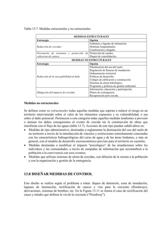 Tabla 13.7. Medidas estructurales y no estructurales
MEDIDAS ESTRUCTURALES
Estrategia Opción
Reducción de crecidas
Embalses y lagunas de laminación.
Defensas longitudinales.
Canalización y dragado.
Prevención de erosiones y protección de
cabeceras de cuenca
Protección de canales.
Diques de consolidación.
MEDIDAS NO ESTRUCTURALES
Estrategia Opción
Reducción de la susceptibilidad al daño
Planificación del uso del suelo.
Regulación de llanuras de inundación.
Ordenamiento territorial.
Políticas de desarrollo.
Códigos de edificación y construcción.
Sistemas de alerta hidrológica.
Programas y políticas de gestión ambiental.
Mitigación del impacto de crecidas
Información, educación y participación.
Planes de contingencia.
Recuperación post crecida.
Medidas no estructurales
Se definen como no estructurales todas aquellas medidas que aspiran a reducir el riesgo en un
territorio interviniendo sobre el valor de los elementos expuestos y su vulnerabilidad, o sea
sobre el daño potencial. Pertenecen a esta categoría todas aquellas medidas tendientes a prevenir
o atenuar los daños consiguientes al evento de crecida sin la construcción de obras que
interfieran con el flujo de las aguas (tabla 13.7). Acciones de este tipo pueden subdividirse en:
• Medidas de tipo administrativo, destinadas a reglamentar la destinación del uso del suelo de
un territorio a través de la introducción de vínculos y restricciones estrechamente conectadas
con las características hidrogeológicas del curso de agua y de las áreas lindantes, y más en
general, con el modelo de desarrollo socioeconómico previsto para el territorio en cuestión;
• Medidas destinadas a modificar el impacto "psicológico" de las inundaciones sobre los
individuos y las comunidades, a través de campañas de información que acostumbren a la
población a la convivencia con esos eventos;
• Medidas que utilizan sistemas de alerta de crecidas, con difusión de la misma a la población
y con la organización y gestión de la emergencia.
13.8 DISEÑAR MEDIDAS DE CONTROL
Este diseño se realiza según el problema a tratar: diques de detención, zona de inundación,
lagunas de laminación, rectificación de cauces y vías para la creciente (floodways),
derivaciones, sistemas de bombeo, etc. En la Figura 13.11 se ilustra el caso de rectificación del
cauce y taludes que definen la vía de la creciente (“Floodway”).
 