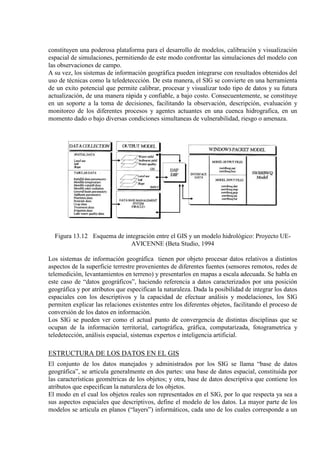 constituyen una poderosa plataforma para el desarrollo de modelos, calibración y visualización
espacial de simulaciones, permitiendo de este modo confrontar las simulaciones del modelo con
las observaciones de campo.
A su vez, los sistemas de información geográfica pueden integrarse con resultados obtenidos del
uso de técnicas como la teledeteccción. De esta manera, el SIG se convierte en una herramienta
de un exito potencial que permite calibrar, procesar y visualizar todo tipo de datos y su futura
actualización, de una manera rápida y confiable, a bajo costo. Consecuentemente, se constituye
en un soporte a la toma de decisiones, facilitando la observación, descripción, evaluación y
monitoreo de los diferentes procesos y agentes actuantes en una cuenca hidrografica, en un
momento dado o bajo diversas condiciones simultaneas de vulnerabilidad, riesgo o amenaza.
Figura 13.12 Esquema de integración entre el GIS y un modelo hidrológico: Proyecto UE-
AVICENNE (Beta Studio, 1994
Los sistemas de información geográfica tienen por objeto procesar datos relativos a distintos
aspectos de la superficie terrestre provenientes de diferentes fuentes (sensores remotos, redes de
telemedición, levantamientos en terreno) y presentarlos en mapas a escala adecuada. Se habla en
este caso de “datos geográficos”, haciendo referencia a datos caracterizados por una posición
geográfica y por atributos que especifican la naturaleza. Dada la posibilidad de integrar los datos
espaciales con los descriptivos y la capacidad de efectuar análisis y modelaciones, los SIG
permiten explicar las relaciones existentes entre los diferentes objetos, facilitando el proceso de
conversión de los datos en información.
Los SIG se pueden ver como el actual punto de convergencia de distintas disciplinas que se
ocupan de la información territorial, cartográfica, gráfica, computarizada, fotogrametríca y
teledetección, análisis espacial, sistemas expertos e inteligencia artificial.
ESTRUCTURA DE LOS DATOS EN EL GIS
El conjunto de los datos manejados y administrados por los SIG se llama “base de datos
geográfica”, se articula generalmente en dos partes: una base de datos espacial, constituida por
las características geométricas de los objetos; y otra, base de datos descriptiva que contiene los
atributos que especifican la naturaleza de los objetos.
El modo en el cual los objetos reales son representados en el SIG, por lo que respecta ya sea a
sus aspectos espaciales que descriptivos, define el modelo de los datos. La mayor parte de los
modelos se articula en planos (“layers”) informáticos, cada uno de los cuales corresponde a un
 
