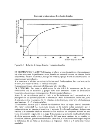 Figura 14.5 Relación de tiempo de aviso / reducción de daños
E3. DISEMINACIÓN Y ALERTA: Esta etapa involucra la toma de decisiones relacionadas con
los avisos tempranos de posibles crecientes, basados en las condiciones de las cuencas, lluvias
antecedentes, posibles escorrentías, manejo del embalse y pasaje de toda esa información a los
organismos correspondientes.
Si al sistema se le adiciona un modelo de lluvia-caudal, funcionando en línea con la recepción
de datos, este modelo ayudará a la toma de decisiones.
Estas acciones tienden a disminuir pérdidas materiales y de vidas.
E4. RESPUESTA: Esta etapa es clásicamente la más difícil de implementar por la gran
coordinación que es necesaria y porque debe estar totalmente exenta de ineficiencias
burocráticas, tan comunes, entre organismos de diferentes jurisdicciones.
Aparte de los convenios que pueden existir, o no, lo fundamental es el entrenamiento y la
predisposición del personal que recibe la información –Aviso de inundación, en una zona, corte
de una ruta, posible evacuación, etc.- Si esta etapa es ineficiente, no importa lo sofisticadas que
sean las etapas 1-2 y 3, el sistema fallará.
Es fundamental destacar que el personal involucrado en todas las etapas, una vez entrenado,
debe tener continuidad. La experiencia mundial en la materia indica claramente que el
mejoramiento de los sistemas telemétricos, el agregado de sofisticados radares e imágenes de
satélites y de avanzados modelos matemáticos han resultado un estrepitoso fracaso, sin una
buena coordinación y operación en la etapa de diseminación y respuesta. Igualmente el sistema
de alerta temprana ayuda a tener información útil para tomar acciones de prevención y/o
evacuación temprana, pero sistemas confiables y sencillos, si se encuentran medios para mejorar
la perfomance de las etapas de diseminación y respuestas (etapas 3 y 4) darán muy buenos
resultados.
 