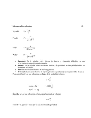 Números adimensionales A2
Reynolds
v
LV
R
.
=
Froude
( ) 2/1
. Lg
V
F =
Euler
( ) 2/1
/2 ρp
V
E
∆
=
Weber
( ) 2/1
/ L
V
W
ρσ
=
• Reynolds: Es la relación entre fuerzas de inercia y viscosidad (fricción) se usa
principalmente en problemas de tuberías.
• Froude: Es la relación entre fuerzas de inercia y la gravedad, se usa principalmente en
problemas de canales.
• Euler: Relación entre fuerzas de inercia y presión
• Weber: Relación entre fuerzas de inercia y tensión superficial. ( se usa en modelos físicos )
Peso específico (γ) de una substancia es el peso de la unidad de volumen
V
P
=γ
Agua a 4ºc
3
1000
m
k
=γ
1 cm3
= 1g
Densidad (ρ) de una substancia es la masa de la unidad de volumen
V
m
=ρ
como P = m.g (peso = masa por la aceleración de la gravedad)
 