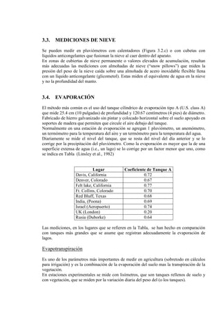3.3. MEDICIONES DE NIEVE
Se pueden medir en pluviómetros con calentadores (Figura 3.2.c) o con cubetas con
líquidos anticongelantes que fusionan la nieve al caer dentro del aparato.
En zonas de cubiertas de nieve permanente o valores elevados de acumulación, resultan
más adecuadas las mediciones con almohadas de nieve (“snow pillows”) que miden la
presión del peso de la nieve caída sobre una almohada de acero inoxidable flexible llena
con un líquido anticongelante (glicometol). Estas miden el equivalente de agua en la nieve
y no la profundidad del manto.
3.4. EVAPORACIÓN
El método más común es el uso del tanque cilíndrico de evaporación tipo A (U.S. class A)
que mide 25.4 cm (10 pulgadas) de profundidad y 120.67 centímetros (4 pies) de diámetro.
Fabricado de hierro galvanizado sin pintar y colocado horizontal sobre el suelo apoyado en
soportes de madera que permiten que circule el aire debajo del tanque.
Normalmente en una estación de evaporación se agregan 1 pluviómetro, un anemómetro,
un termómetro para la temperatura del aire y un termómetro para la temperatura del agua.
Diariamente se mide el nivel del tanque, que se resta del nivel del día anterior y se lo
corrige por la precipitación del pluviómetro. Como la evaporación es mayor que la de una
superficie extensa de agua (i.e., un lago) se lo corrige por un factor menor que uno, como
se indica en Tabla (Linsley et al., 1982)
Lugar Coeficiente de Tanque A
Davis, California 0.72
Denver, Colorado 0.67
Felt lake, California 0.77
Ft. Collins, Colorado 0.70
Red Bluff, Texas 0.68
India, (Poona) 0.69
Israel (Aeropuerto) 0.74
UK (London) 0.20
Rusia (Duborke) 0.64
Las mediciones, en los lugares que se refieren en la Tabla, se han hecho en comparación
con tanques más grandes que se asume que registran adecuadamente la evaporación de
lagos.
Evapotranspiración
Es uno de los parámetros más importantes de medir en agricultura (sobretodo en cálculos
para irrigación) y es la combinación de la evaporación del suelo mas la transpiración de la
vegetación.
En estaciones experimentales se mide con lisímetros, que son tanques rellenos de suelo y
con vegetación, que se miden por la variación diaria del peso del (o los tanques).
 
