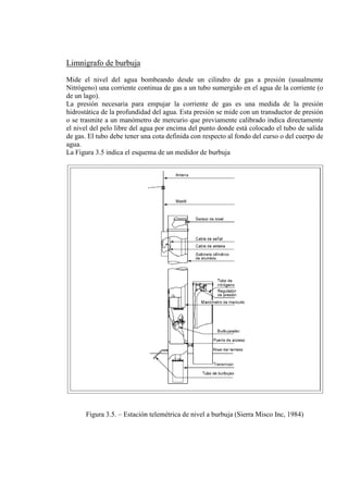 Limnígrafo de burbuja
Mide el nivel del agua bombeando desde un cilindro de gas a presión (usualmente
Nitrógeno) una corriente continua de gas a un tubo sumergido en el agua de la corriente (o
de un lago).
La presión necesaria para empujar la corriente de gas es una medida de la presión
hidrostática de la profundidad del agua. Esta presión se mide con un transductor de presión
o se trasmite a un manómetro de mercurio que previamente calibrado indica directamente
el nivel del pelo libre del agua por encima del punto donde está colocado el tubo de salida
de gas. El tubo debe tener una cota definida con respecto al fondo del curso o del cuerpo de
agua.
La Figura 3.5 indica el esquema de un medidor de burbuja
Figura 3.5. – Estación telemétrica de nivel a burbuja (Sierra Misco Inc, 1984)
 
