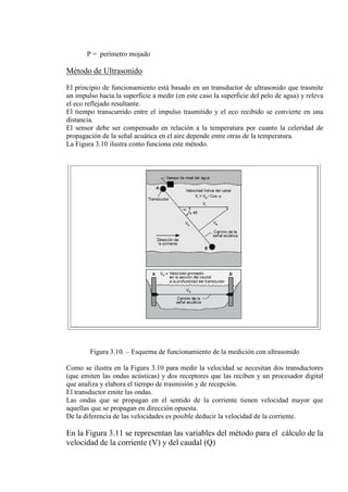 P = perímetro mojado
Método de Ultrasonido
El principio de funcionamiento está basado en un transductor de ultrasonido que trasmite
un impulso hacia la superficie a medir (en este caso la superficie del pelo de agua) y releva
el eco reflejado resultante.
El tiempo transcurrido entre el impulso trasmitido y el eco recibido se convierte en una
distancia.
El sensor debe ser compensado en relación a la temperatura por cuanto la celeridad de
propagación de la señal acuática en el aire depende entre otras de la temperatura.
La Figura 3.10 ilustra como funciona este método.
Figura 3.10. – Esquema de funcionamiento de la medición con ultrasonido
Como se ilustra en la Figura 3.10 para medir la velocidad se necesitan dos transductores
(que emiten las ondas acústicas) y dos receptores que las reciben y un procesador digital
que analiza y elabora el tiempo de trasmisión y de recepción.
El transductor emite las ondas.
Las ondas que se propagan en el sentido de la corriente tienen velocidad mayor que
aquellas que se propagan en dirección opuesta.
De la diferencia de las velocidades es posible deducir la velocidad de la corriente.
En la Figura 3.11 se representan las variables del método para el cálculo de la
velocidad de la corriente (V) y del caudal (Q)
 
