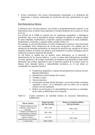 • Errores sistemáticos. Son errores frecuentemente relacionados a la calibración del
instrumento o técnicas inadecuadas de recolección del dato, generalmente de igual
signo.
Red Hidrométrica Óptima
A diferencia de la red pluviométrica, cuyo diseño es preponderantemente espacial, la red
hidrométrica tiene un diseño lineal siguiendo el concepto dendrítico de la cuenca y/o lineal
de un río.
Los criterios de la OMM en relación con las condiciones geográficas e hidrológicas
prevalentes, tales como la densidad de drenaje, catalogan las regiones en: regiones planas
de zonas templadas, mediterráneas y tropicales; regiones montañosas de zonas templadas,
mediterráneas y tropicales; y regiones áridas y polares (Tabla 3.2).
Sin embargo, en una red hidrométrica, el criterio fundamental es práctico. Está relacionado
con necesidades reales (disposición de niveles para navegación o de caudales para la
satisfacción de demandas prioritarias), de controlar los procesos que suceden en la cuenca
mediante modelos en tiempo real, donde se usan mediciones en puntos estratégicos para la
calibración y posterior operación del modelo.
La red básica es aquella que no permite serias deficiencias en el desarrollo y
administración de los recursos hídricos. A veces se tienen redes hidrométricas instaladas
con fines operativos o de estudios localizados (un embalse) cuya densidad no aporta datos
adicionales que resulten significativos para el monitoreo general de la cuenca. Existe un
balance entre densidad óptima y disponibilidad económica, en el cual deben ser
considerados los siguientes factores:
• Condiciones geográficas y régimen de precipitaciones (cuencas activas).
Régimen hidrológico.
• Densidad de la red de drenaje de la cuenca.
• Variables a medir.
• Tipo de estaciones.
• Localización acertada. Dentro del punto o zona seleccionada, considerar
seguridad y acceso . Si es telemétrica crear un enlace con la estación
central o con una repetidora.
• Definir una red basado en la disponibilidad de estaciones ya instaladas,
de las cuales se deberá hacer una evaluación.
Tabla 3.2 Cuadro orientativo de densidad mínima de estaciones hidrométricas,
(OMM1982).
Tipo de regiones
Rangos normales
Km2
Rangos en condiciones difíciles
por Estación Km2
por Estación
1. Regiones planas de zonas
templadas, mediterráneas y
tropicales.
1000 a 2500
3000 a 1000
2. Regiones montañosas de
zonas templadas y tropicales.
300 a 1000 ---
Cuencas montañosas de
régimen irregular y
precipitaciones concentradas.
140 a 300
1000 a 5000
3. Zonas áridas. 5000 a 20000 ---
 