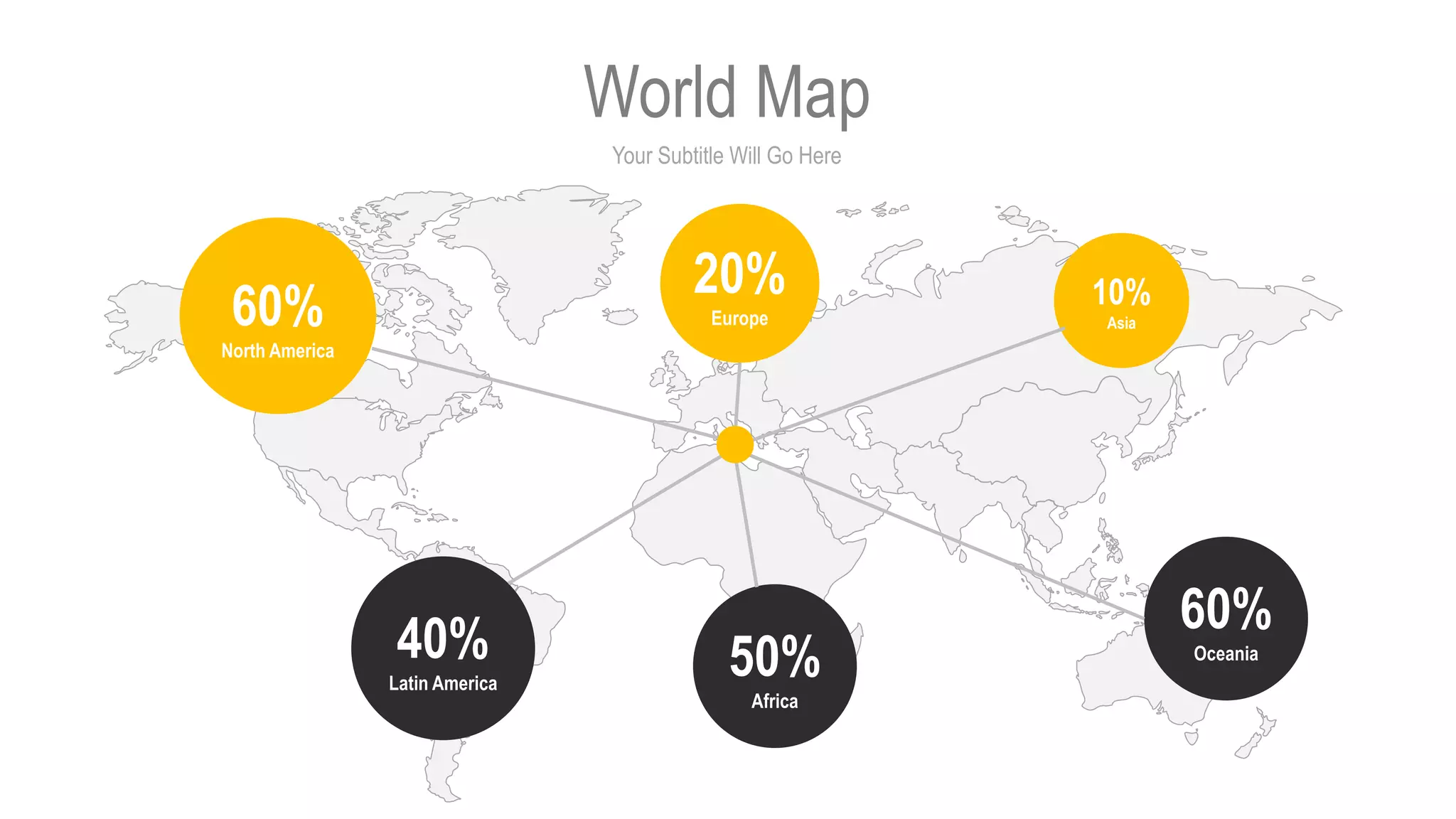 Your Subtitle Will Go Here
World Map
60%
North America
40%
Latin America
20%
Europe
50%
Africa
10%
Asia
60%
Oceania
 