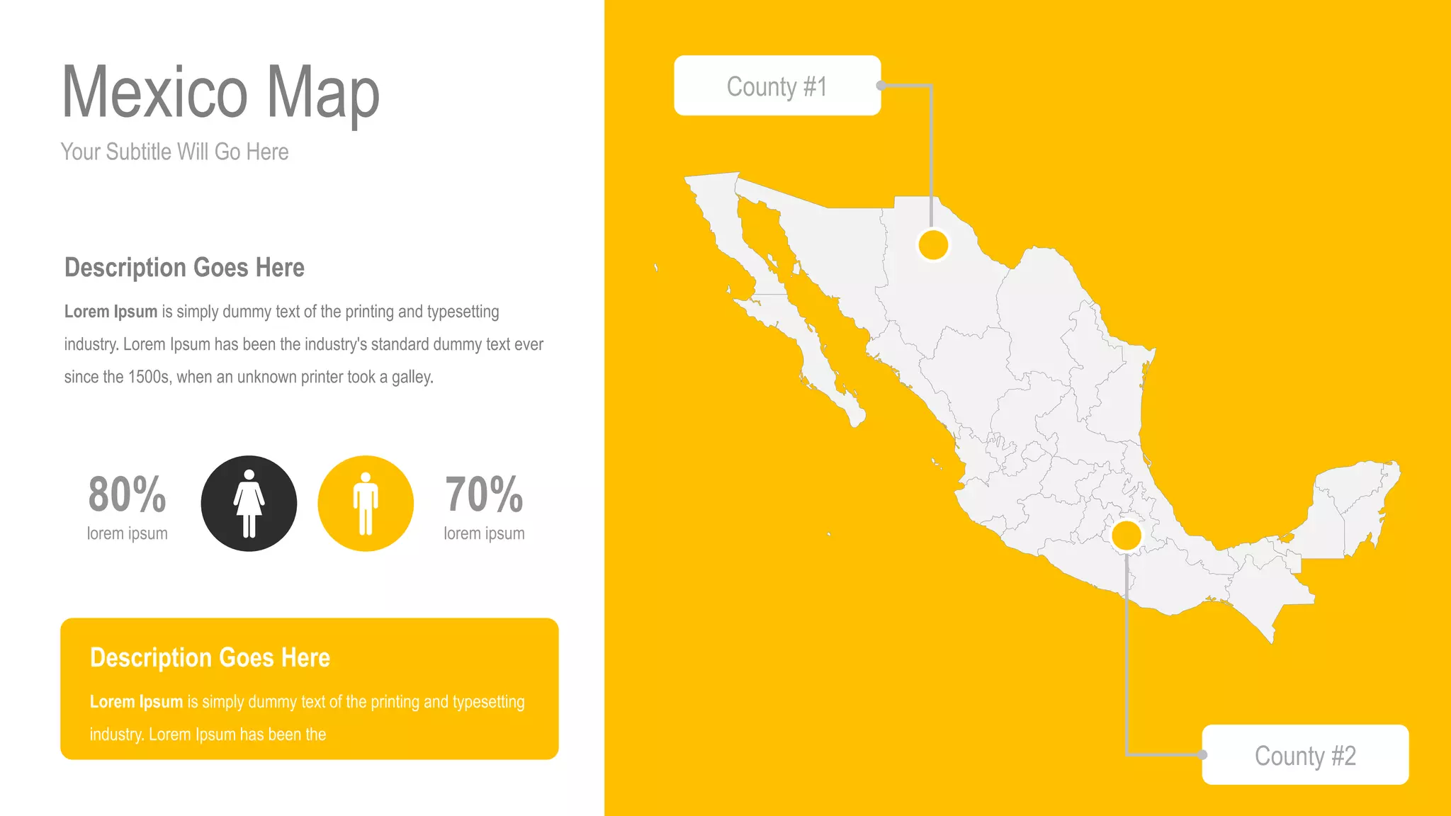 Your Subtitle Will Go Here
Mexico Map
70%
lorem ipsum
80%
lorem ipsum
Description Goes Here
Lorem Ipsum is simply dummy text of the printing and typesetting
industry. Lorem Ipsum has been the industry's standard dummy text ever
since the 1500s, when an unknown printer took a galley.
Description Goes Here
Lorem Ipsum is simply dummy text of the printing and typesetting
industry. Lorem Ipsum has been the
County #1
County #2
 