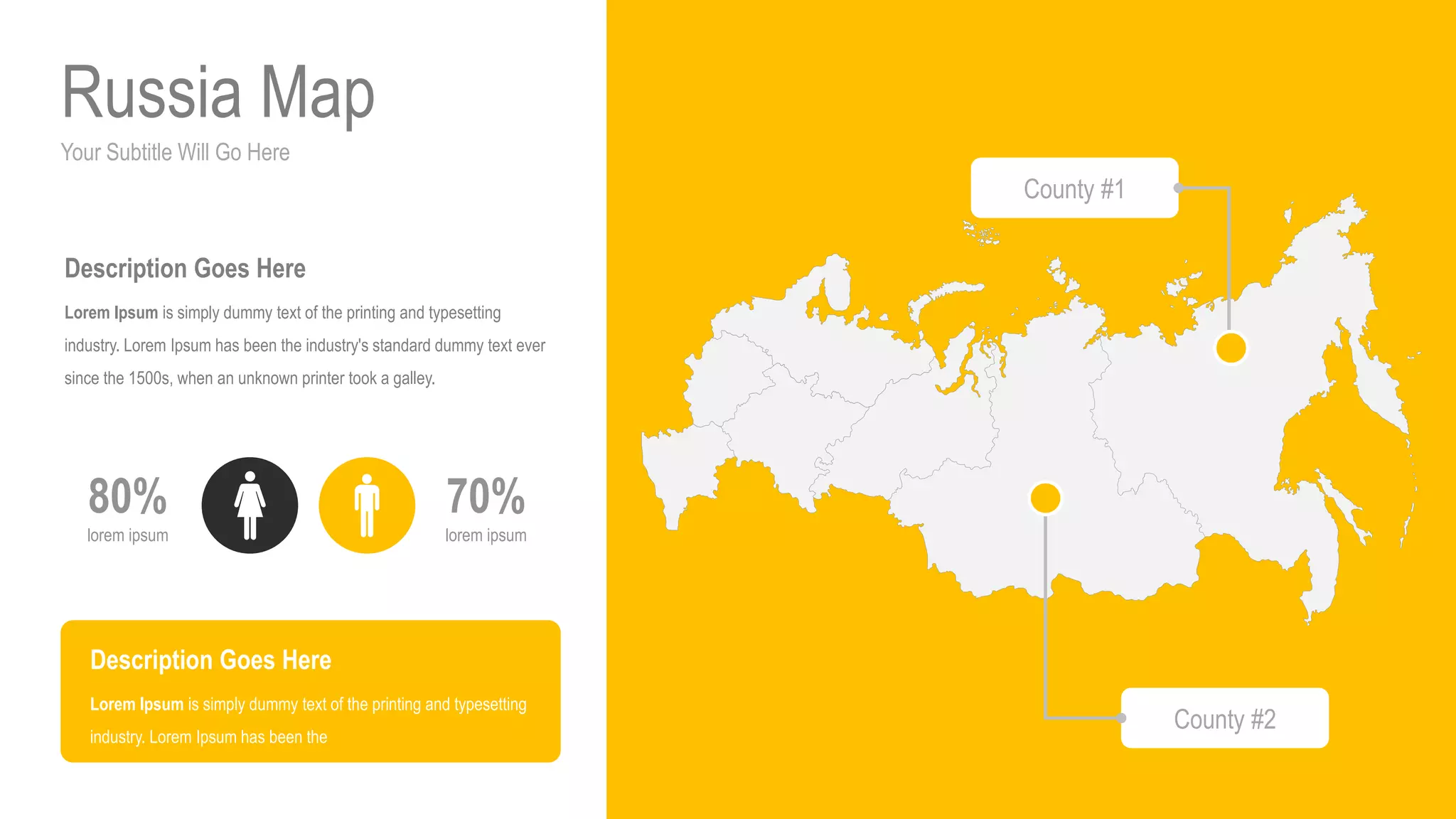 Your Subtitle Will Go Here
Russia Map
70%
lorem ipsum
80%
lorem ipsum
Description Goes Here
Lorem Ipsum is simply dummy text of the printing and typesetting
industry. Lorem Ipsum has been the industry's standard dummy text ever
since the 1500s, when an unknown printer took a galley.
Description Goes Here
Lorem Ipsum is simply dummy text of the printing and typesetting
industry. Lorem Ipsum has been the
County #1
County #2
 