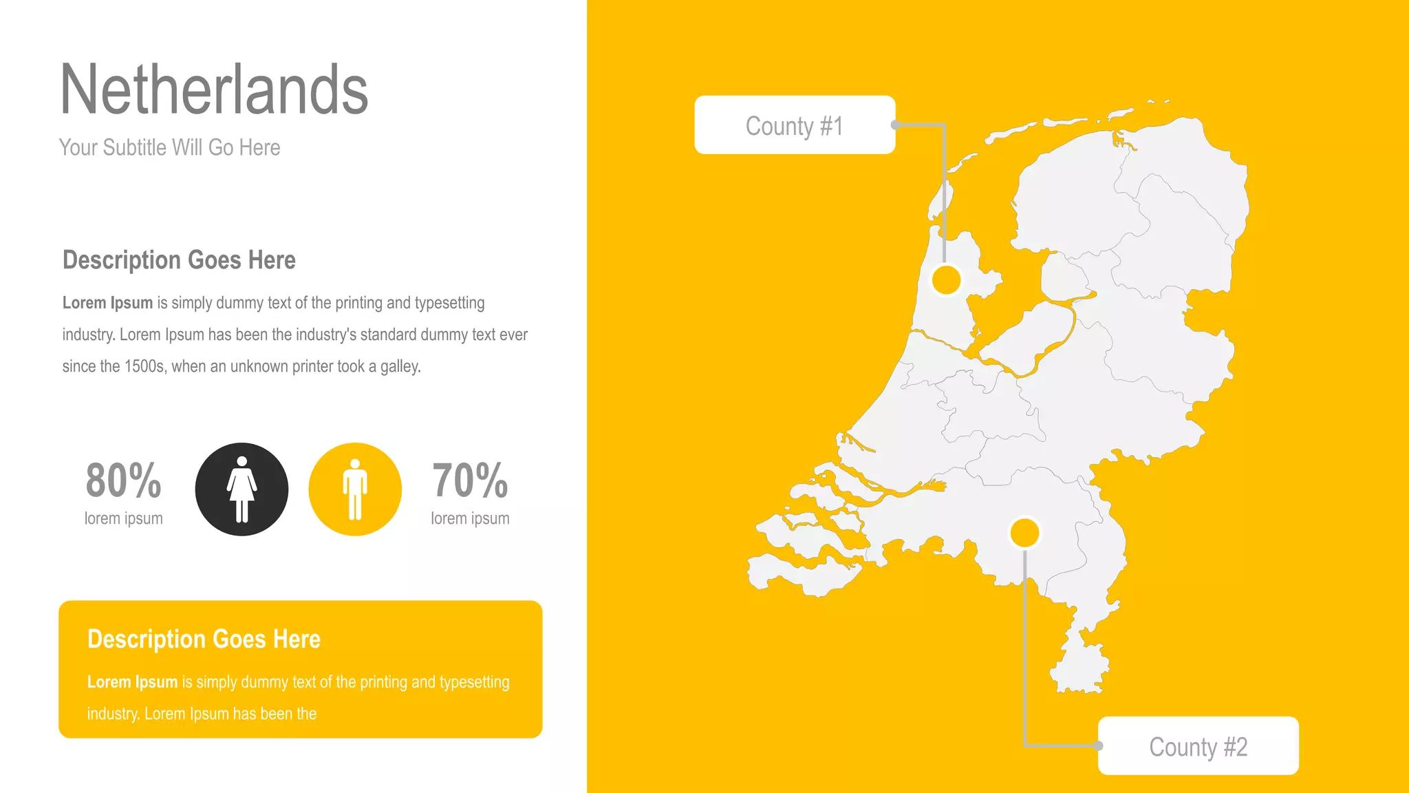 Your Subtitle Will Go Here
Netherlands
70%
lorem ipsum
80%
lorem ipsum
Description Goes Here
Lorem Ipsum is simply dummy text of the printing and typesetting
industry. Lorem Ipsum has been the industry's standard dummy text ever
since the 1500s, when an unknown printer took a galley.
Description Goes Here
Lorem Ipsum is simply dummy text of the printing and typesetting
industry. Lorem Ipsum has been the
County #1
County #2
 