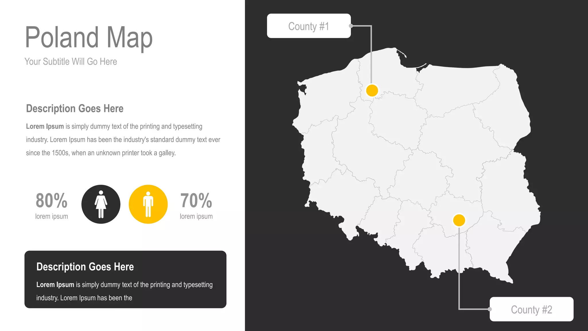 Your Subtitle Will Go Here
Poland Map
70%
lorem ipsum
80%
lorem ipsum
Description Goes Here
Lorem Ipsum is simply dummy text of the printing and typesetting
industry. Lorem Ipsum has been the industry's standard dummy text ever
since the 1500s, when an unknown printer took a galley.
Description Goes Here
Lorem Ipsum is simply dummy text of the printing and typesetting
industry. Lorem Ipsum has been the
County #1
County #2
 