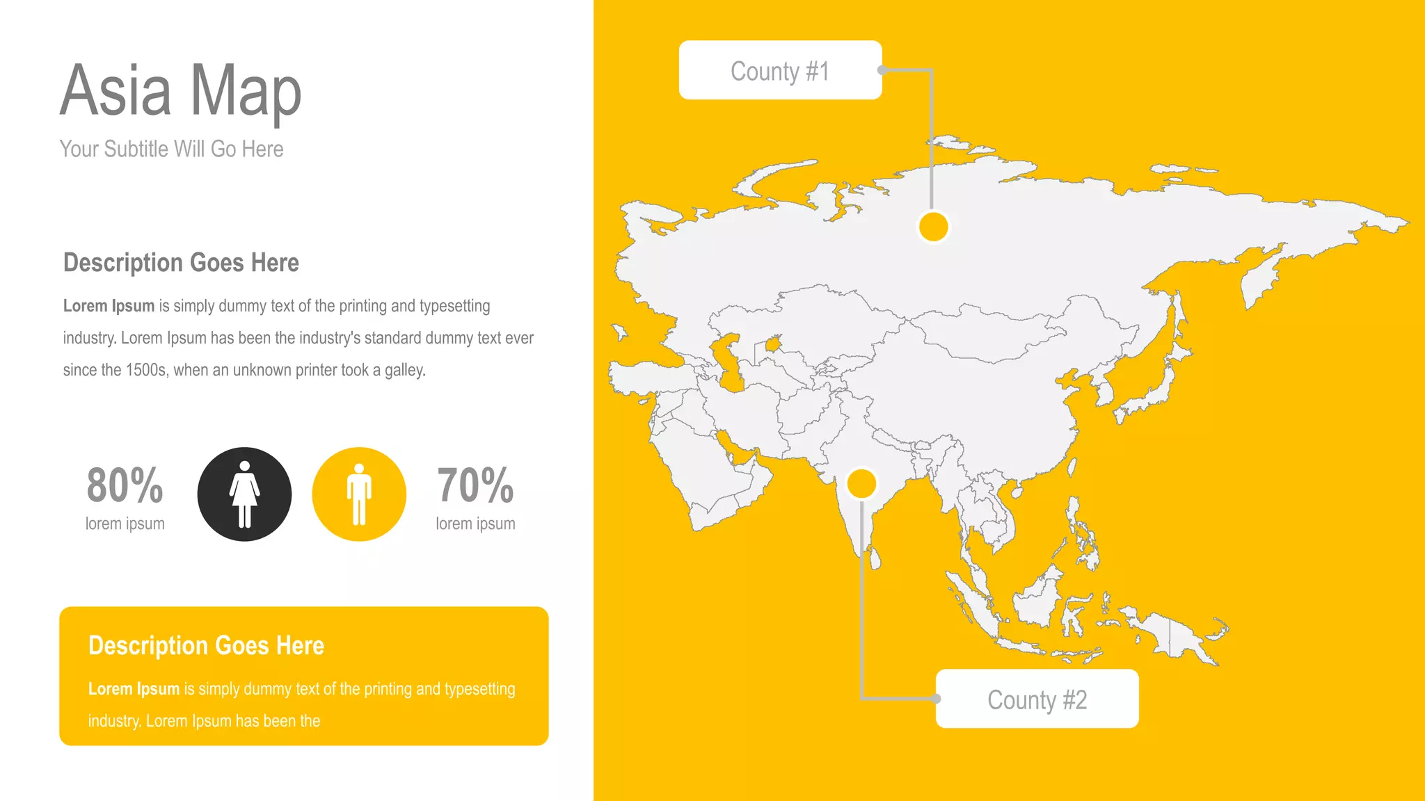 Your Subtitle Will Go Here
Asia Map
70%
lorem ipsum
80%
lorem ipsum
Description Goes Here
Lorem Ipsum is simply dummy text of the printing and typesetting
industry. Lorem Ipsum has been the industry's standard dummy text ever
since the 1500s, when an unknown printer took a galley.
Description Goes Here
Lorem Ipsum is simply dummy text of the printing and typesetting
industry. Lorem Ipsum has been the
County #1
County #2
 