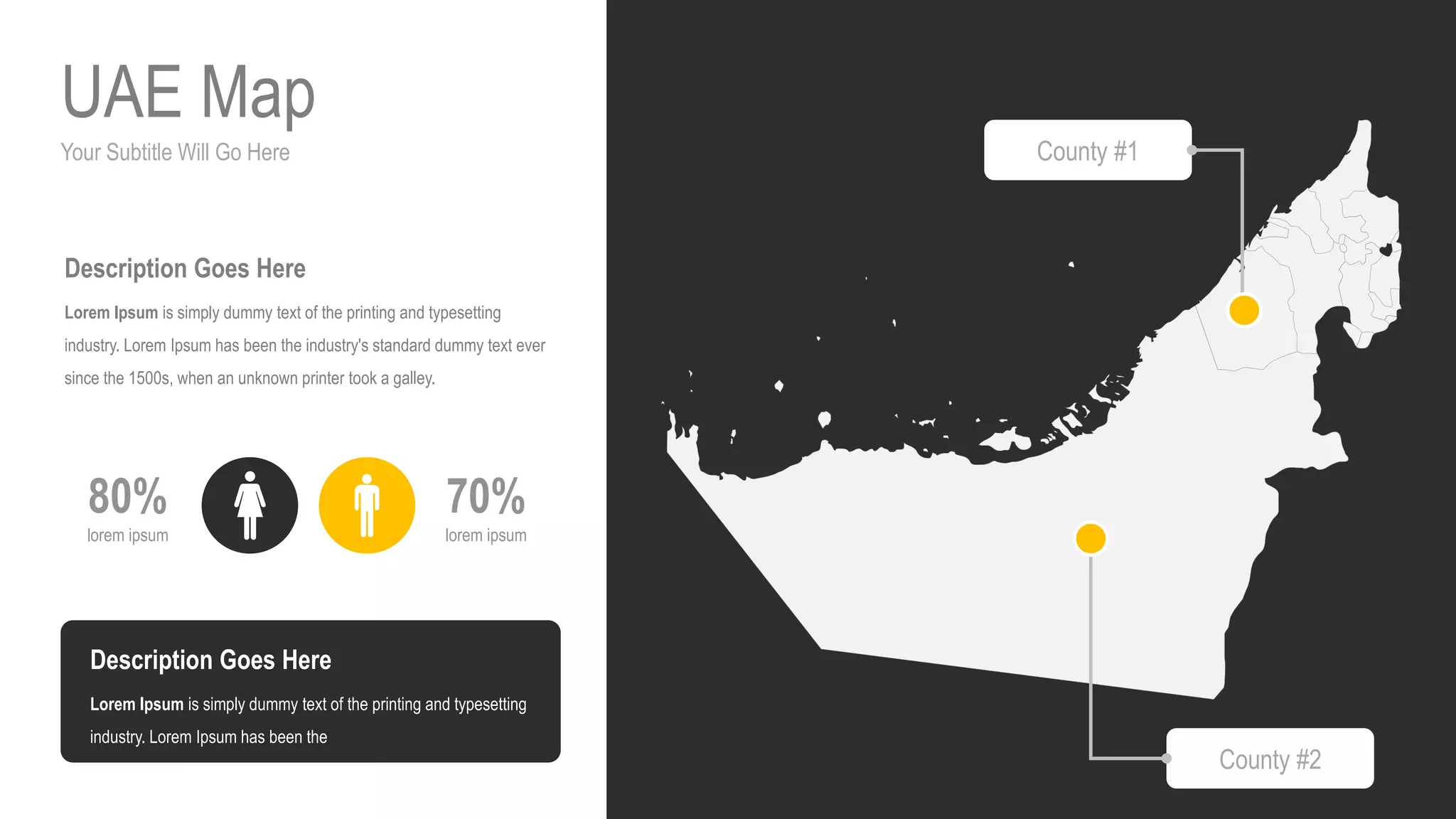 Your Subtitle Will Go Here
UAE Map
70%
lorem ipsum
80%
lorem ipsum
Description Goes Here
Lorem Ipsum is simply dummy text of the printing and typesetting
industry. Lorem Ipsum has been the industry's standard dummy text ever
since the 1500s, when an unknown printer took a galley.
Description Goes Here
Lorem Ipsum is simply dummy text of the printing and typesetting
industry. Lorem Ipsum has been the
County #1
County #2
 