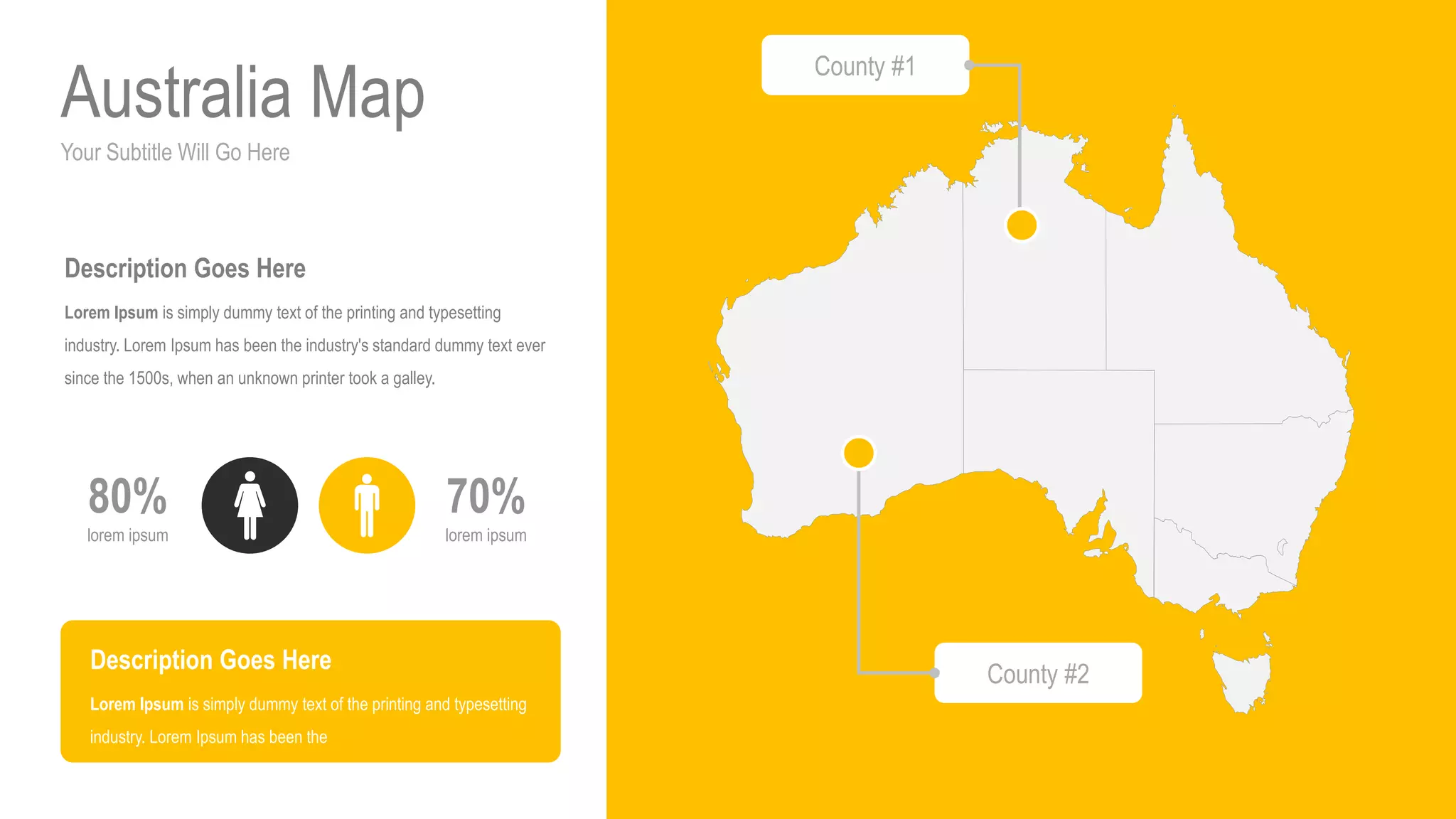 Your Subtitle Will Go Here
Australia Map
70%
lorem ipsum
80%
lorem ipsum
Description Goes Here
Lorem Ipsum is simply dummy text of the printing and typesetting
industry. Lorem Ipsum has been the industry's standard dummy text ever
since the 1500s, when an unknown printer took a galley.
Description Goes Here
Lorem Ipsum is simply dummy text of the printing and typesetting
industry. Lorem Ipsum has been the
County #1
County #2
 