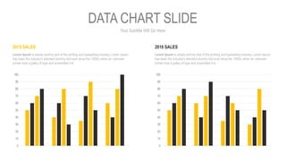 Your Subtitle Will Go Here
DATA CHART SLIDE
0
10
20
30
40
50
60
70
80
90
100
0
10
20
30
40
50
60
70
80
90
100
2015 SALES
Lorem Ipsum is simply dummy text of the printing and typesetting industry. Lorem Ipsum
has been the industry's standard dummy text ever since the 1500s, when an unknown
printer took a galley of type and scrambled it to
2016 SALES
Lorem Ipsum is simply dummy text of the printing and typesetting industry. Lorem Ipsum
has been the industry's standard dummy text ever since the 1500s, when an unknown
printer took a galley of type and scrambled it to
 