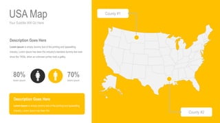 Your Subtitle Will Go Here
USA Map
70%
lorem ipsum
80%
lorem ipsum
Description Goes Here
Lorem Ipsum is simply dummy text of the printing and typesetting
industry. Lorem Ipsum has been the industry's standard dummy text ever
since the 1500s, when an unknown printer took a galley.
County #1
County #2
Description Goes Here
Lorem Ipsum is simply dummy text of the printing and typesetting
industry. Lorem Ipsum has been the
 