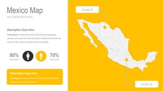 Your Subtitle Will Go Here
Mexico Map
70%
lorem ipsum
80%
lorem ipsum
Description Goes Here
Lorem Ipsum is simply dummy text of the printing and typesetting
industry. Lorem Ipsum has been the industry's standard dummy text ever
since the 1500s, when an unknown printer took a galley.
Description Goes Here
Lorem Ipsum is simply dummy text of the printing and typesetting
industry. Lorem Ipsum has been the
County #1
County #2
 