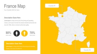 Your Subtitle Will Go Here
France Map
70%
lorem ipsum
80%
lorem ipsum
Description Goes Here
Lorem Ipsum is simply dummy text of the printing and typesetting
industry. Lorem Ipsum has been the industry's standard dummy text ever
since the 1500s, when an unknown printer took a galley.
Description Goes Here
Lorem Ipsum is simply dummy text of the printing and typesetting
industry. Lorem Ipsum has been the
County #1
County #2
 