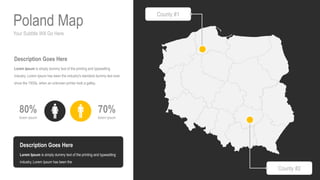 Your Subtitle Will Go Here
Poland Map
70%
lorem ipsum
80%
lorem ipsum
Description Goes Here
Lorem Ipsum is simply dummy text of the printing and typesetting
industry. Lorem Ipsum has been the industry's standard dummy text ever
since the 1500s, when an unknown printer took a galley.
Description Goes Here
Lorem Ipsum is simply dummy text of the printing and typesetting
industry. Lorem Ipsum has been the
County #1
County #2
 