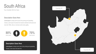 Your Subtitle Will Go Here
South Africa
70%
lorem ipsum
80%
lorem ipsum
Description Goes Here
Lorem Ipsum is simply dummy text of the printing and typesetting
industry. Lorem Ipsum has been the industry's standard dummy text ever
since the 1500s, when an unknown printer took a galley.
Description Goes Here
Lorem Ipsum is simply dummy text of the printing and typesetting
industry. Lorem Ipsum has been the
County #1
County #2
 