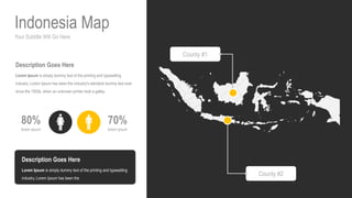 Your Subtitle Will Go Here
Indonesia Map
70%
lorem ipsum
80%
lorem ipsum
Description Goes Here
Lorem Ipsum is simply dummy text of the printing and typesetting
industry. Lorem Ipsum has been the industry's standard dummy text ever
since the 1500s, when an unknown printer took a galley.
Description Goes Here
Lorem Ipsum is simply dummy text of the printing and typesetting
industry. Lorem Ipsum has been the
County #1
County #2
 