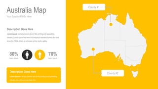 Your Subtitle Will Go Here
Australia Map
70%
lorem ipsum
80%
lorem ipsum
Description Goes Here
Lorem Ipsum is simply dummy text of the printing and typesetting
industry. Lorem Ipsum has been the industry's standard dummy text ever
since the 1500s, when an unknown printer took a galley.
Description Goes Here
Lorem Ipsum is simply dummy text of the printing and typesetting
industry. Lorem Ipsum has been the
County #1
County #2
 