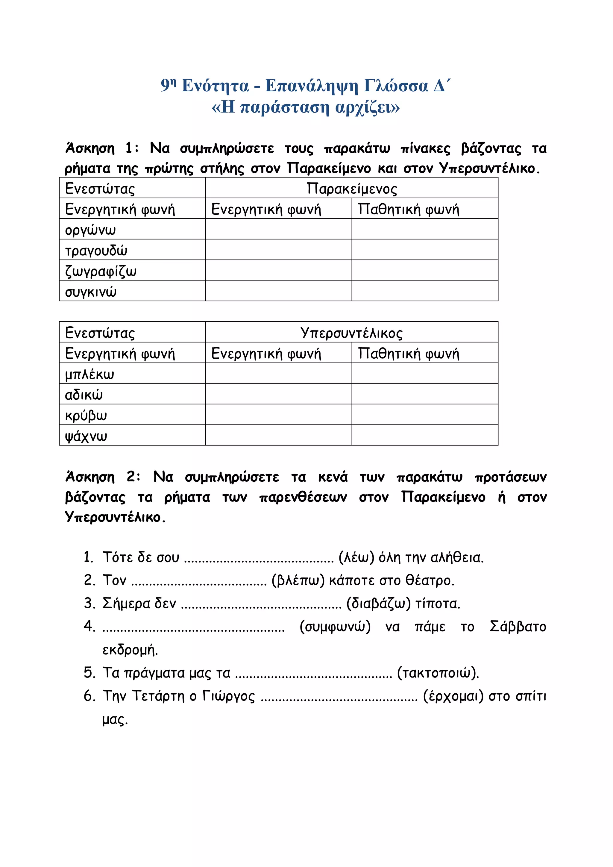 9η
Ενότητα - Επανάληψη Γλώσσα Δ΄
«Η παράσταση αρχίζει»
Άσκηση 1: Να συμπληρώσετε τους παρακάτω πίνακες βάζοντας τα
ρήματα της πρώτης στήλης στον Παρακείμενο και στον Υπερσυντέλικο.
Ενεστώτας Παρακείμενος
Ενεργητική φωνή Ενεργητική φωνή Παθητική φωνή
οργώνω
τραγουδώ
ζωγραφίζω
συγκινώ
Ενεστώτας Υπερσυντέλικος
Ενεργητική φωνή Ενεργητική φωνή Παθητική φωνή
μπλέκω
αδικώ
κρύβω
ψάχνω
Άσκηση 2: Να συμπληρώσετε τα κενά των παρακάτω προτάσεων
βάζοντας τα ρήματα των παρενθέσεων στον Παρακείμενο ή στον
Υπερσυντέλικο.
1. Τότε δε σου .......................................... (λέω) όλη την αλήθεια.
2. Τον ...................................... (βλέπω) κάποτε στο θέατρο.
3. Σήμερα δεν ............................................. (διαβάζω) τίποτα.
4. ................................................... (συμφωνώ) να πάμε το Σάββατο
εκδρομή.
5. Τα πράγματα μας τα ............................................ (τακτοποιώ).
6. Την Τετάρτη ο Γιώργος ............................................ (έρχομαι) στο σπίτι
μας.
 