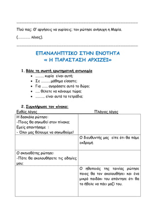 …………………………………………………………………………………………………………………………………
Πού πας; Θ’ αργήσεις να γυρίσεις; τον ρώτησε ανήσυχη η Μαρία.
(…………… λόγος).
…………………………………………………………………………………………………………………………………
ΕΠΑΝΑΛΗΠΤΙΚΟ ΣΤΗΝ ΕΝΟΤΗΤΑ
« Η ΠΑΡΑΣΤΑΣΗ ΑΡΧΙΖΕΙ»
1. Βάλε τη σωστή ερωτηματική αντωνυμία
 ………. κυρία είναι αυτή;
 Σε …………μάθημα είσαστε;
 Για ……. αγοράσατε αυτό το δώρο;
 ….. θέλετε να κάνουμε τώρα;
 ……….. είναι αυτά τα τετράδια;
2. Συμπλήρωσε τον πίνακα:
Ευθύς λόγος Πλάγιος λόγος
Η δασκάλα ρώτησε:
-Ποιος θα σηκωθεί στον πίνακα;
Εμείς απαντήσαμε :
- Όλοι μας θέλουμε να σηκωθούμε!
Ο διευθυντής μας είπε ότι θα πάμε
εκδρομή
Ο σκηνοθέτης ρώτησε:
-Πότε θα ακολουθήσετε τις οδηγίες
μου;
Ο ηθοποιός της ταινίας ρώτησε
ποιος θα τον ακολουθήσει και ένα
μικρό παιδάκι του απάντησε ότι θα
το ήθελε να πάει μαζί του.
 