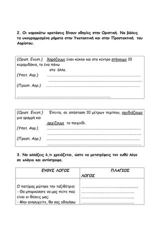 2. Οι παρακάτω προτάσεις δίνουν οδηγίες στην Οριστική. Να βάλεις
τα υπογραμμισμένα ρήματα στην Υποτακτική και στην Προστακτική του
Αορίστου.
(Οριστ. Ενεστ.) Χαράζουμε έναν κύκλο και στο κέντρο στήνουμε 10
κεραμιδάκια, το ένα πάνω
στο άλλο.
(Υποτ. Αορ.) …………………………………………………………………………………………………
…………………………………………………………………………………………….….
(Προστ. Αορ.) …………………………………………………………………………………………………
………………………………………………………………………………………………..
(Οριστ. Ενεστ.) Έπειτα, σε απόσταση 10 μέτρων περίπου, σχεδιάζουμε
μια γραμμή και
αρχίζουμε το παιχνίδι.
(Υποτ. Αορ.) …………………………………………………………………………………………………
…………………………………………………………………………………………………
(Προστ. Αορ.) …………………………………………………………………………………………………
…………………………………………………………………………………………………
3. Να αλλάξεις ό,τι χρειάζεται, ώστε να μετατρέψεις τον ευθύ λόγο
σε πλάγιο και αντίστροφα.
ΕΥΘΥΣ ΛΟΓΟΣ ΠΛΑΓΙΟΣ
ΛΟΓΟΣ
Ο πατέρας ρώτησε την ταξιθέτρια:
- Θα μπορούσατε να μας πείτε πού
είναι οι θέσεις μας;
- Μην ανησυχείτε, θα σας οδηγήσω
………………………………………....................
……………………………………………………..
……………………………………………………..
……………………………………………………..
 