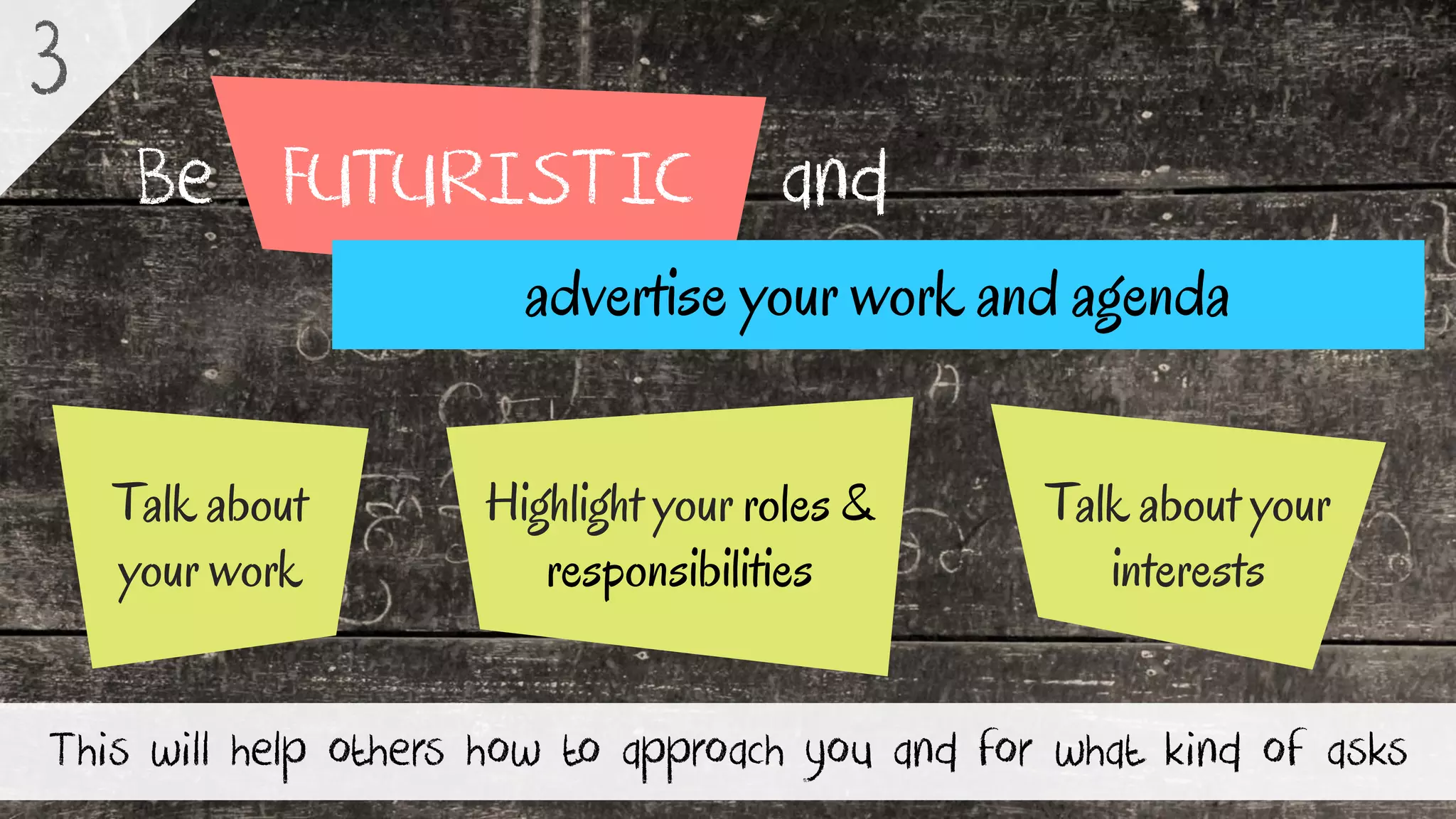 FUTURISTICBe and
This will help others how to approach you and for what kind of asks
3
Highlight your roles &
responsibilities
Talk about
your work
Talk about your
interests
advertise your work and agenda
 