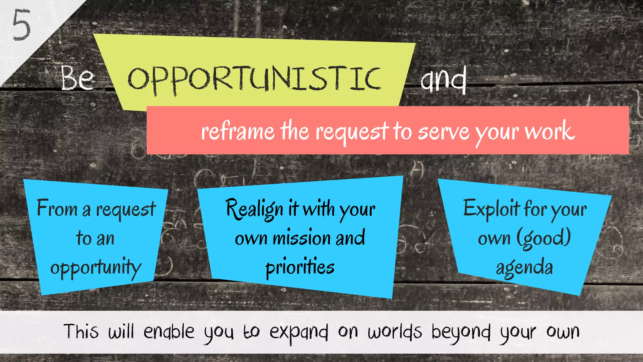 OPPORTUNISTICBe and
This will enable you to expand on worlds beyond your own
5
Realign it with your
own mission and
priorities
From a request
to an
opportunity
Exploit for your
own (good)
agenda
reframe the request to serve your work
 