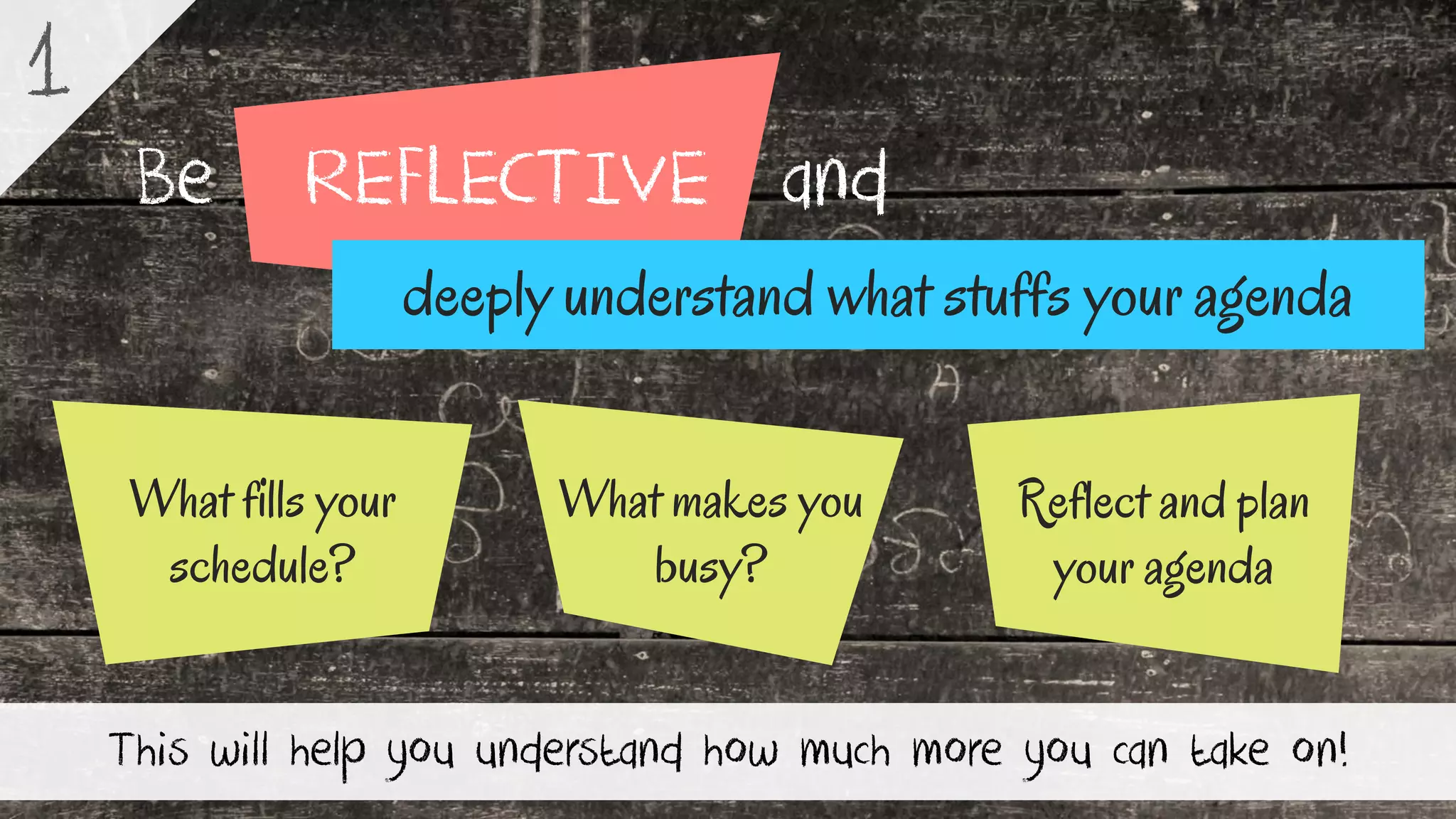 REFLECTIVEBe and
This will help you understand how much more you can take on!
1
Reflect and plan
your agenda
What fills your
schedule?
What makes you
busy?
deeply understand what stuffs your agenda
 