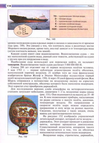 TD - троnическая тёnлая вода;
D - тёnлая вода;
Т - троnическая солёная вода;
Е - летняя солёная вода;
Н - зим няя холодная вода;
HAN - зимняя Северная Атлантика
уровн и rюrруже ния судна в разны х морях и океанах в зависимости от време ни
года (рис. 149). Это связано с тем, что плотность воды в разл ичных местах
Мирового океана разная , кроме того , она ешё зависит и от темnературы воды
(летом плопюсть меньше, чем зимой).
Каждое судно имеет свое водоизмещение. Водоизмещение судна - это
вес вытесне нной судном воды, равный силе тяжести , действуюшей на судно
с грузом при его погружении в воду.
Наибольшие суда используют для перевозки н ефти, их называют
танкерами. Водоюмешение таких судовдостигает 5 000 000 000 Н.
Свыше 200 лет отделяют нас от первых воздушных полётов человека.
5 мая 1783 г. - первая публичная демо н страция полёта оболочки ,
наполненной горяч~1м воздухом. 21 ноs1 бря того же года французские
изобретател и братья Жозеф и Этьенн Монгольфье осуществ 11ли первый
полёт воздухоплавателей (р 11С . 150). А через 1О дн ей французский физик Жак
Ш арль отправ ился в путеш еств 11 е по воздушному океану на аэростате
собственной конструкции , оболочка которого была наполнена водородом.
Этот аэростат стал прообразом дирижаблей.
Для исследова ния верхю1х слоёв атмосферы н а метеорологи ч еских
станциях запус ка ют небольшие, диаметром 1- 2 м, воздушные шары-зонды
(р11С. 151). Они подн и маются на высоту до 35- 40
км. К HI1M подвеш1шают приборы , посылающие
по радио CI11'HaJIЫ о высоте п олёта, давлении ,
температуре воздуха. По н аправлению и
скорости rюлёта шара можно определить
направле ни е и силу ветра на разных высотах .
Сведения , получаемые с таких зондов, очень
важны для прогнозирования погоды.
Н а рисунке 152 изображён уnравляем ы й
летательный а 1ш арат, который легч е воздуха­
д11рижабль. Этот аппарат приводят вдв 11 же ни е
винты, которые вращаются двигателями.
Существе нный недостаток ап11аратов такого
типа заклю•1ается в том , что их оболочка
наполня ется огнеопасным газом водородом.
Воздушные шары, стратостаты, дирижабл и ,
 
