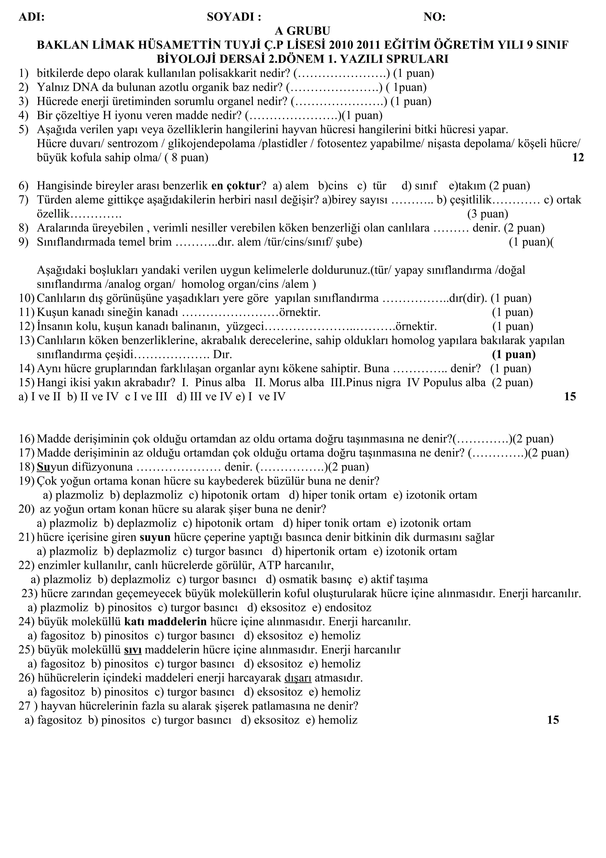 9 sınıf biyoloji 2.dönem 1. yazili sorulari | DOC