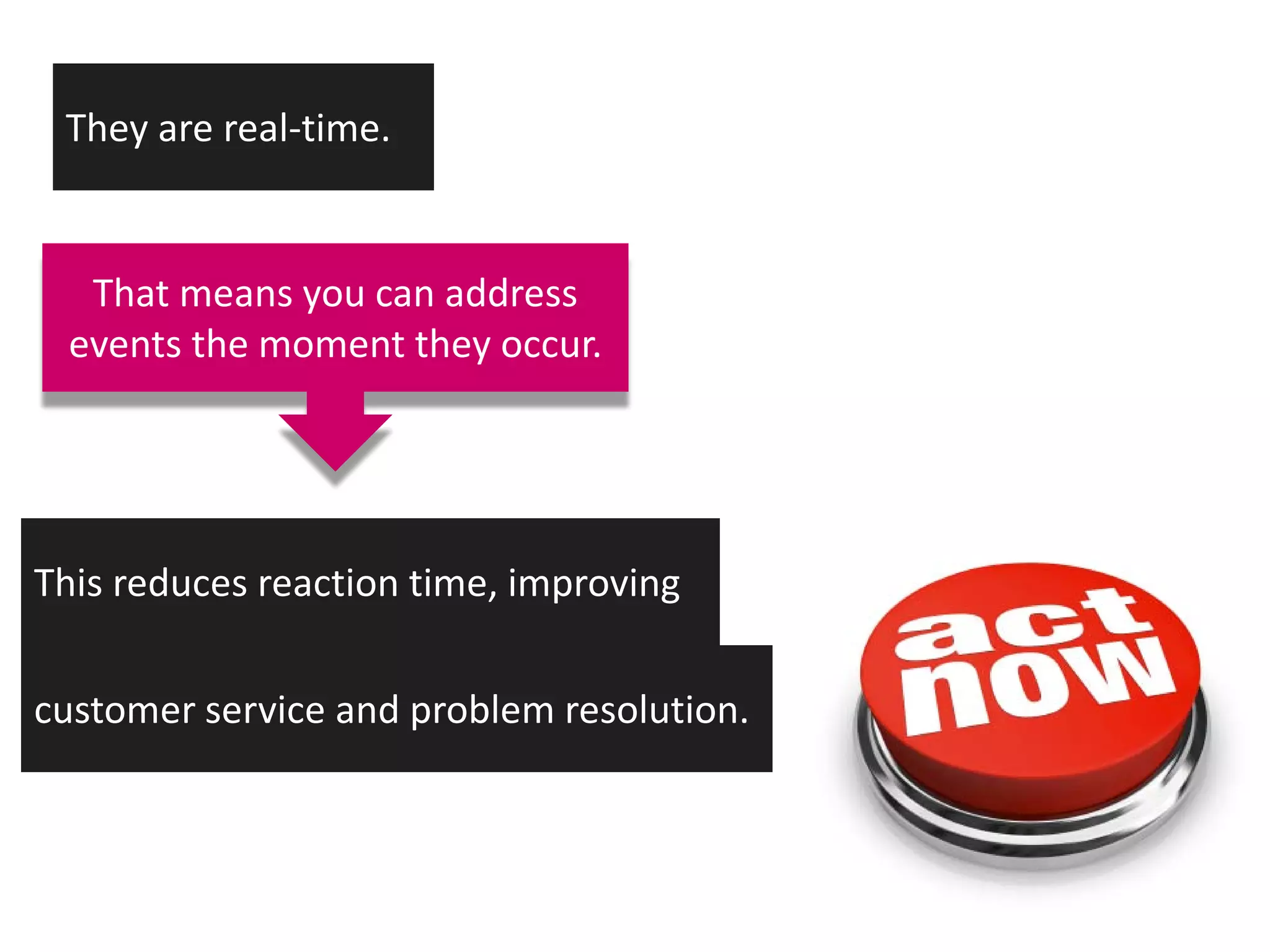 They are real-time.


  That means you can address
 events the moment they occur.




This reduces reaction time, improving


customer service and problem resolution.
 