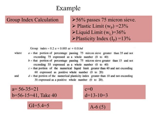 Example
Group Index Calculation
a= 56-35=21
b=56-15=41, Take 40
56% passes 75 micron sieve.
 Plastic Limit (wP) =23%
Liquid Limit (wL)=36%
Plasticity Index (IP) =13%
c=0
d=13-10=3
GI=5.4=5 A-6 (5)
 