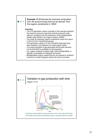 22
Example 11.2 Estimate the chemical composition
and the amount of gas that can be derived from
the organic constituents in MSW
Comment.
o The LFG generation values computed in this example represent
the maximum amount of gas that could be produced under
optimum conditions from the destruction of the biodegradable
volatile solids (BVS) in the organic fraction of MSW.
o The range for individual organic constituents varies from about
0.128 to 0.218 m3/kg BVS destroyed.
o LFG generation values of 0.154 m3/kg BVS destroyed have
been reported in the literature for mixed organic waste.
o The actual quantities of gas generated will be lower because
not all of the BVS is available for decomposition.
o E.g., paper contained in plastic bags, while biodegradable, is
typically not available for biological conversion.
o Biodegradable organic wastes that are not exposed to sufficient
moisture to sustain biological activity will not be converted.
Variation in gas production with time
Figure 11-12
Graphical representation of gas production over a five-year period from
the rapidly and slowly decomposible organic materials placed in landfill
5 10 15 20
Years
Gas
production,
m
3
/year
Total
Gas produced from
rapidly decomposable
material deposited in
year 5
Gas produced from
slowly decomposable
material deposited in
year 5
0 25
5 10 15 20
Years
Gas
production,
m
3
/year
Total
Gas produced from
rapidly decomposable
material deposited in
year 5
Gas produced from
slowly decomposable
material deposited in
year 5
0 25
 