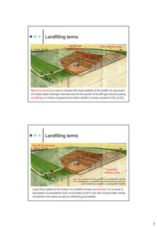3
Landfilling terms
Bench (or terrace) is used to maintain the slope stability of the landfill, for placement
of surface water drainage channels and for the location of landfill gas recovery piping
Landfill gas is mixture of gases found within landfill. It mainly consists of CH4 & CO2
Bench
Landfill gas
collection wells
Gas collection pipe
Landfilling terms
Liquid that collects at the bottom of a landfill is known as leachate. It is a result of
percolation of precipitation and uncontrolled runoff. It can also include water initially
contained in the waste as well as infiltrating groundwater.
Leachate
collection pipe
Runoff control basin
Leachate contains a variety of chemical constituents derived
from solubilization of materials deposited and from chemical
and biochemical reacstions occuring within landfill.
 