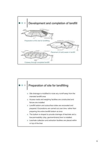 6
Development and completion of landfill
Preparation of the site for landfilling
Placement of solid waste in landfill
Cutaway through completed landfill
Preparation of site for landfilling
 Site drainage is modified to route any runoff away from the
intended landfill area
 Access roads and weighing facilities are constructed and
fences are installed
 Landfill bottom and subsurface sides are excavated and
prepared. Excavations are carried out over time, rather than
preparing the entire landfill bottom at once
 The bottom is shaped to provide drainage of leachate and a
low-permeability (clay, geomembrane) liner is installed.
 Leachate collection and extraction facilities are placed within
or top of the liner.
 