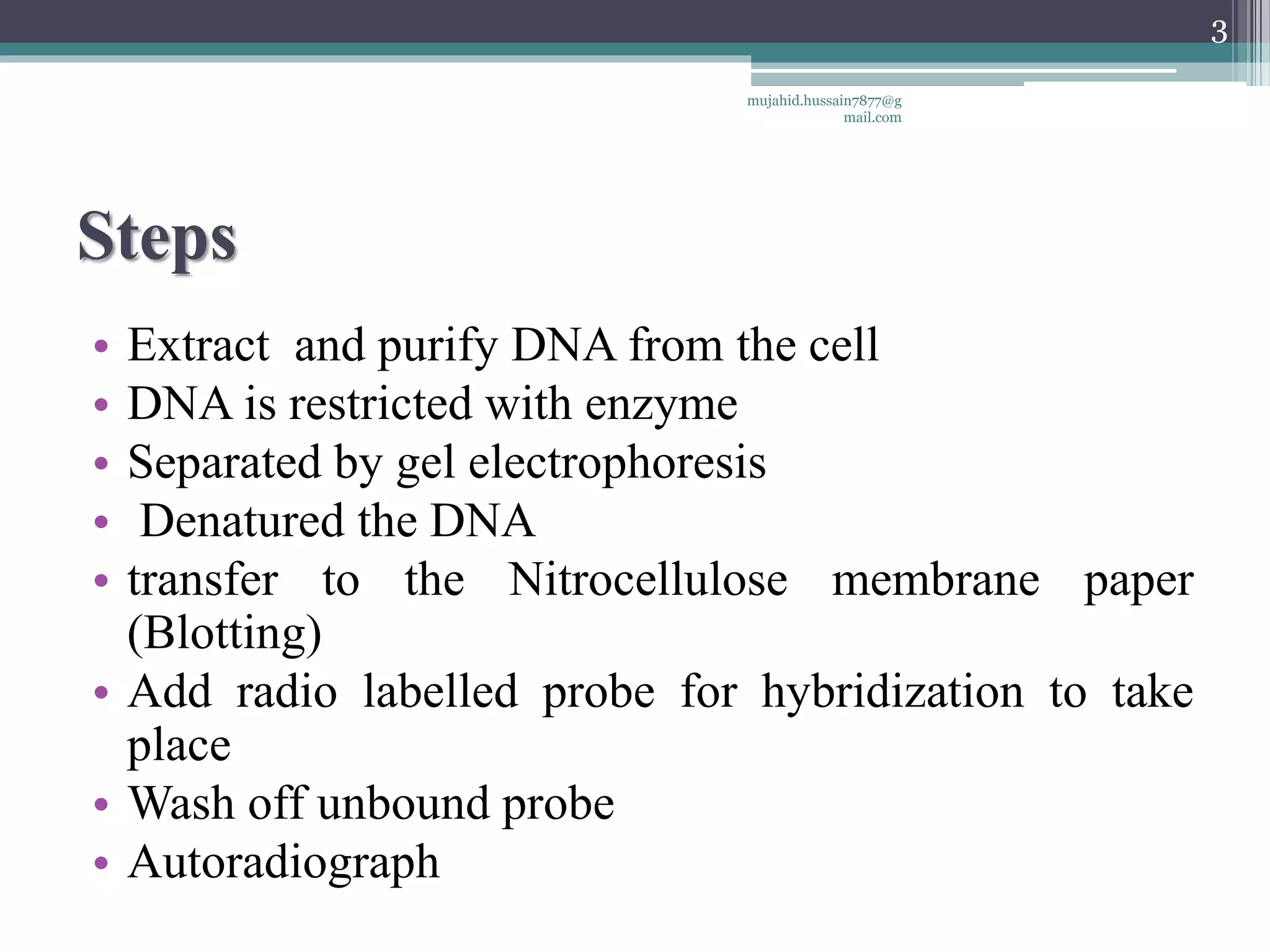 Steps
• Extract and purify DNA from the cell
• DNA is restricted with enzyme
• Separated by gel electrophoresis
• Denatured the DNA
• transfer to the Nitrocellulose membrane paper
(Blotting)
• Add radio labelled probe for hybridization to take
place
• Wash off unbound probe
• Autoradiograph
mujahid.hussain7877@g
mail.com
3
 