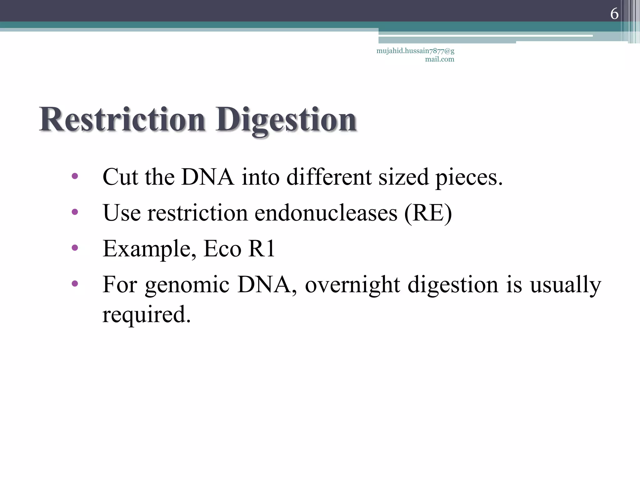 Restriction Digestion
• Cut the DNA into different sized pieces.
• Use restriction endonucleases (RE)
• Example, Eco R1
• For genomic DNA, overnight digestion is usually
required.
mujahid.hussain7877@g
mail.com
6
 