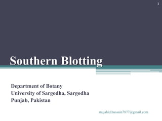 Southern Blotting
Department of Botany
University of Sargodha, Sargodha
Punjab, Pakistan
mujahid.hussain7877@gmail.com
1
 