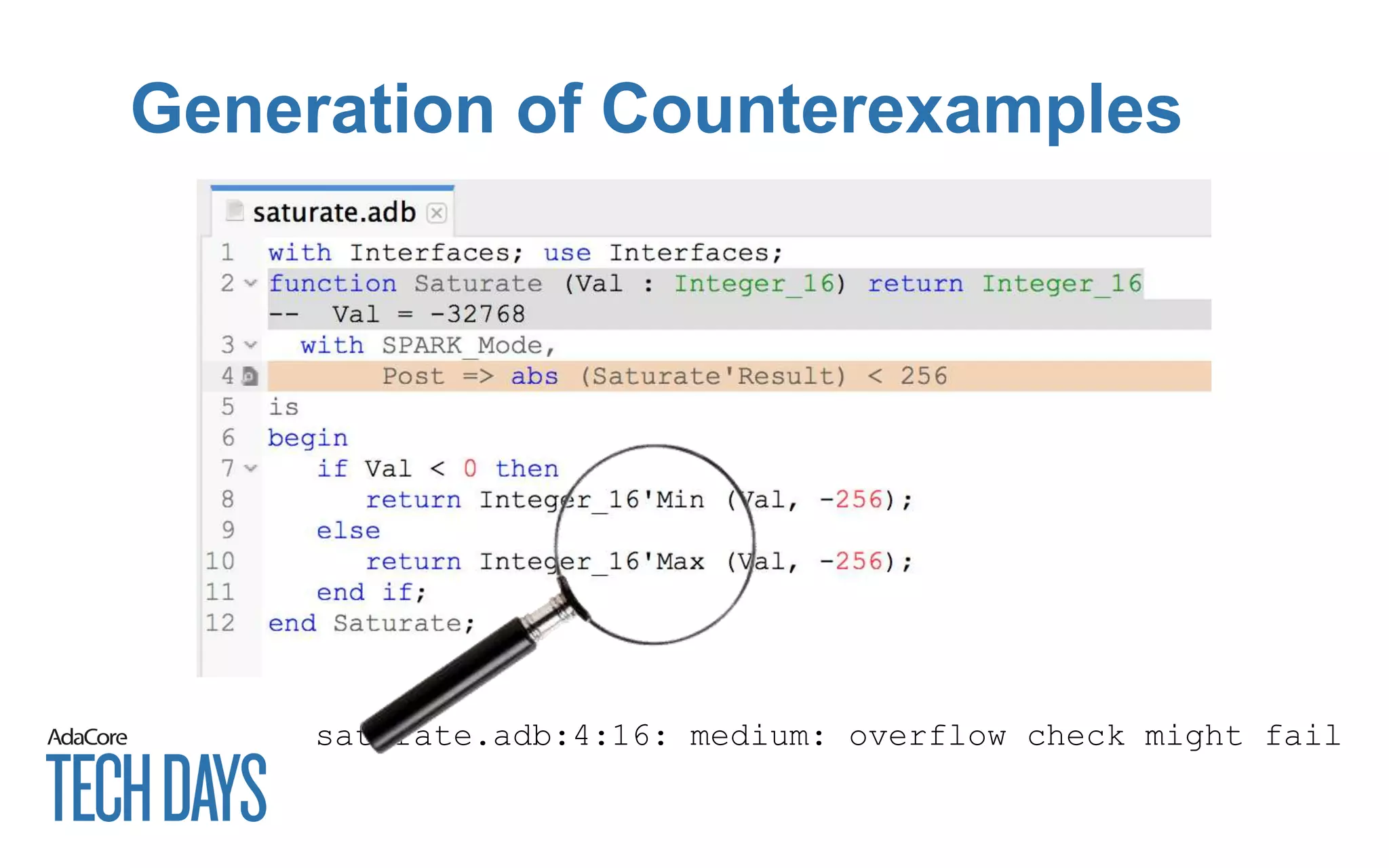 Generation of Counterexamples
saturate.adb:4:16: medium: overflow check might fail
 