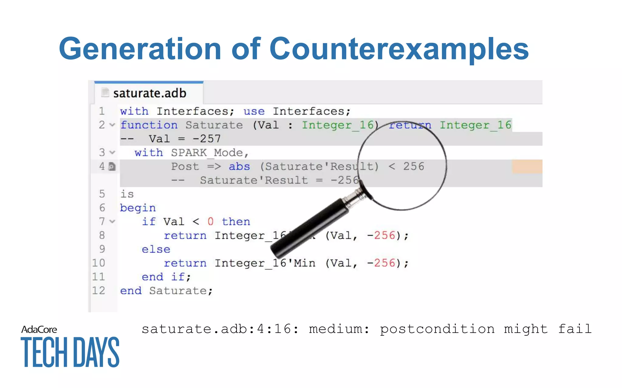 Generation of Counterexamples
saturate.adb:4:16: medium: postcondition might fail
 